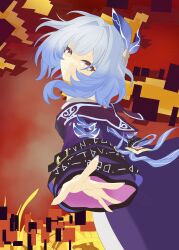  absurdres alternate_color blue_hair blue_ribbon commentary cyrene_(honkai:_star_rail) dress female grin hair_ribbon herrscher_of_corruption highres honkai:_star_rail honkai_(series) honkai_impact_3rd inoue_marina long_sleeves looking_at_viewer purple_dress ribbon short_hair smile solo sunn_strawberry yellow_eyes 