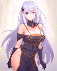  absurdres adapted_costume albedo_(overlord) albedo_(overlord)_(cosplay) bare_shoulders black_dress black_gloves blue_pupils breasts cleavage commission commissioner_upload cosplay covered_navel cowboy_shot dress elbow_gloves elf female gem gloves hair_ornament hairpin highres hip_vent large_breasts long_hair looking_at_viewer low_neckline no_bra no_horns no_panties non-web_source off-shoulder_dress off_shoulder orange_trim overlord_(maruyama) pointy_ears purple_eyes re:zero_kara_hajimeru_isekai_seikatsu red_gemstone satella_(re:zero) smile solo thighs tight_clothes tight_dress truejekart white_hair 