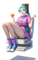  :d absurdres aqua_hair belt belt_pouch blue_eyes braid braided_ponytail breasts bs9999s bulma_briefs dragon_ball dragon_ball_(classic) dragon_ball_(object) female highres light_blush looking_at_viewer medium_breasts panties pantyshot pink_shirt pink_skirt pleated_skirt pouch purple_scarf purple_socks scarf shirt simple_background sitting skirt smile socks solo underwear white_background white_panties 
