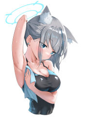  absurdres animal_ear_fluff animal_ears armpits black_one-piece_swimsuit blue_archive blue_eyes breasts commentary competition_swimsuit covered_navel cropped_torso cross_hair_ornament extra_ears female grey_hair hair_ornament halo highres low_ponytail medium_breasts medium_hair mismatched_pupils multicolored_swimsuit official_alternate_costume one-piece_swimsuit ponytail shiroko_(blue_archive) shiroko_(swimsuit)_(blue_archive) simple_background solo swimsuit towel upper_body white_background wolf_ears yeyu_leafishy 