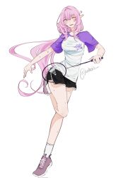  alternate_costume black_shorts blue_eyes breasts dolphin_shorts elf elysia_(honkai_impact) female highres holding_tennis_racket honkai_(series) honkai_impact_3rd keikeiis long_hair medium_breasts one_eye_closed pink_hair pointy_ears purple_shirt purple_shoes shirt shoes shorts signet_of_ego simple_background socks solo twitter_username two-tone_shirt very_long_hair white_background white_shirt white_socks 
