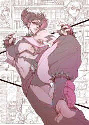  bracelet breasts cammy_white chun-li cone_hair_bun feet fighting_stance fingerless_gloves foot_up gloves green_nails hair_bun highres jewelry jun_wu_mo juri_han large_breasts legs long_legs multicolored_hair nail_polish navel no_shoes one_eye_covered red_eyes sash short_eyebrows short_hair spiked_anklet spiked_bracelet spikes spread_toes standing standing_on_one_leg streaked_hair street_fighter street_fighter_6 thick_thighs thighs toes translated v-shaped_eyebrows yin_yang 