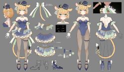  ahoge animal_ears blonde_hair bow bowtie breasts cleavage closed_mouth cropped_torso dooby_(vtuber) english_text female fishnet_pantyhose fishnets full_body gloves green_bow green_bowtie green_eyes green_hairband grey_background hairband happy_(yppah1060) hat high_heels highres indie_virtual_youtuber leotard medium_breasts mini_hat mini_top_hat multiple_views pantyhose photo_inset short_hair simple_background skirt smile straight-on strapless strapless_leotard striped_clothes striped_leotard tail top_hat vertical-striped_clothes vertical-striped_leotard virtual_youtuber white_gloves 