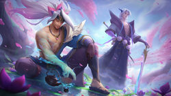  2boys alternate_costume arm_behind_back brothers closed_eyes closed_mouth cloud cup earrings elbow_gloves english_commentary facial_hair falling_petals fingerless_gloves floating_hair flower foritis_wang gloves goatee hair_ornament highres holding holding_sword holding_weapon jewelry leaf league_of_legends lotus magic male_focus moustache multiple_boys muscular muscular_male necklace official_alternate_costume open_clothes outdoors parted_bangs pectorals petals pink_flower ponytail sandals siblings single_bare_arm single_bare_shoulder single_sleeve sitting sky smile spirit_blossom_(league_of_legends) spirit_blossom_yasuo spirit_blossom_yone standing sword tea teacup teapot tree water weapon white_hair yasuo_(league_of_legends) yone_(league_of_legends) 