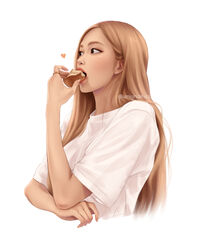  blackpink blonde_hair brown_eyes cropped_torso eating female hair_behind_ear heart jewelry k-pop lips long_hair profile real_life ring rose_(blackpink) solo umigraphics upper_body white_background 