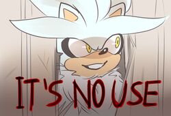  1boy animal_ears animal_nose body_fur catchphrase crazy english_commentary english_text furry furry_male hedgehog hedgehog_ears here&#039;s_johnny!_(meme) indoors itaslow looking_to_the_side male_focus meme parody silver_the_hedgehog smile solo sonic_(series) sonic_the_hedgehog_(2006) standing teeth the_shining wall white_fur yellow_eyes 