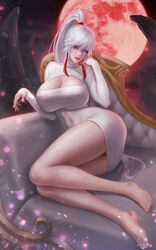  absurdres bare_legs barefoot blue_eyes braid breasts chair feet female fintowing high_ponytail highres korean_commentary large_breasts long_hair mabinogi mabinogi_heroes moon night original player_character_(mabinogi_heroes) ponytail red_moon see-through single_braid sweater white_hair 