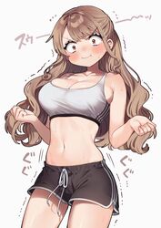  :i bare_arms black_shorts blush breasts brown_eyes brown_hair closed_mouth commentary cowboy_shot duplicate female flying_sweatdrops highres kodama&#039;s_elder_sister_(sakura_yuki) large_breasts long_hair navel original pixel-perfect_duplicate sakura_yuki_(clochette) short_shorts shorts solo sports_bra standing stomach sweat sweatdrop translated trembling v-shaped_eyebrows white_background white_sports_bra 