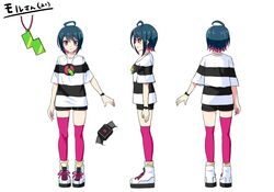  &gt;:) ahoge asymmetrical_legwear black_hair black_shorts boots closed_mouth commentary_request female hair_between_eyes momoda_yasuhito multicolored_hair multiple_views original pink_hair pink_legwear shirt short_hair short_shorts shorts simple_background smile standing striped_clothes striped_shirt thighhighs translation_request turnaround two-tone_hair uneven_legwear v-shaped_eyebrows white_background white_footwear 