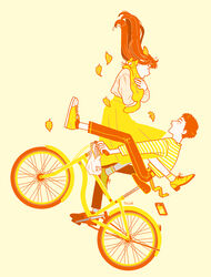  1boy bicycle black_pants brown_hair female floating_hair kk724 leaf long_sleeves open_mouth original pants phone profile shirt shirt_tucked_in shoes signature simple_background skirt striped_clothes striped_shirt white_shirt yellow_background yellow_cat yellow_footwear yellow_shirt yellow_skirt yellow_theme 