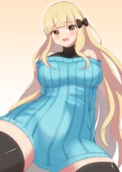  black_bow blonde_hair blush bow breasts casual female hairbow highres kumagitsune large_breasts long_hair looking_at_viewer open_mouth princess_connect! ribbed_sweater saren_(princess_connect!) saren_(real)_(princess_connect!) solo sweater thighhighs yellow_eyes 