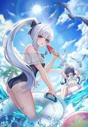  2girls arms_up ass bird black_hair black_ribbon blue_archive blue_one-piece_swimsuit blue_sky braid breasts casual_one-piece_swimsuit closed_eyes cloud cloudy_sky colored_inner_hair commentary day facing_viewer food frilled_one-piece_swimsuit frills grey_eyes grey_hair hair_ribbon hand_up high_ponytail highres holding holding_food holding_popsicle kama_(kama_ovo) long_hair looking_ahead miyako_(blue_archive) miyako_(swimsuit)_(blue_archive) miyu_(blue_archive) miyu_(swimsuit)_(blue_archive) multicolored_hair multiple_girls ocean official_alternate_costume on_innertube one-piece_swimsuit open_mouth outdoors ponytail popsicle rainbow ribbon sidelocks sky small_breasts standing summer sun swimsuit thighs twin_braids twintails wading white_bird white_innertube 