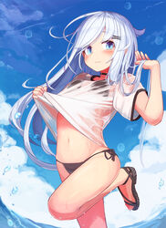  artistic_error bare_legs bikini bikini_under_clothes black_bikini blue_eyes blush closed_mouth day female groin hibiki_(kancolle) highres kantai_collection long_hair navel ocean outdoors reitou_mikan sandals see-through see-through_shirt shirt solo swimsuit white_hair white_shirt wrong_foot 