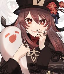  :d black_nails boo_tao_(genshin_impact) brown_hair chinese_clothes commentary female flower genshin_impact ghost hair_between_eyes hat hat_flower hat_ornament hu_tao_(genshin_impact) jewelry long_hair long_sleeves looking_at_viewer open_mouth red_eyes ring rktsm sidelocks smile symbol-shaped_pupils twintails zoom_layer 