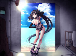  1boy architect_(girls&#039;_frontline) architect_(nvw_model)_(girls&#039;_frontline) backdrop bed belt black_hair black_one-piece_swimsuit breasts casual_one-piece_swimsuit collarbone cuffs elbow_gloves female girls&#039;_frontline gloves grin hand_on_own_hip handcuffs indoors long_hair looking_at_viewer medium_breasts mishima_hiroji navel one-piece_swimsuit one_eye_closed partially_fingerless_gloves pink_eyes pink_nails sangvis_ferri side_ponytail smile solo_focus standing swimsuit very_long_hair w 