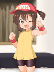  ;d absurdres armpits arms_up bad_id bad_pixiv_id bakusou_kyoudai_let&#039;s_&amp;_go!! bed bedroom bike_shorts black_shorts brown_eyes brown_hair commentary_request curtains female highres indoors one_eye_closed open_mouth ponytail sagami_jun shirt short_hair shorts sleeveless sleeveless_shirt smile solo uno_(mon_chat_noir) v wristband yellow_shirt 