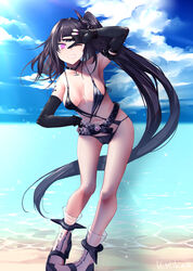  architect_(girls&#039;_frontline) architect_(nvw_model)_(girls&#039;_frontline) belt black_hair black_one-piece_swimsuit blue_sky breasts casual_one-piece_swimsuit cloud cloudy_sky collarbone elbow_gloves female girls&#039;_frontline gloves grin hand_on_own_hip highres long_hair looking_at_viewer medium_breasts mishima_hiroji navel one-piece_swimsuit one_eye_closed one_side_up outdoors partially_fingerless_gloves pink_eyes pink_nails sangvis_ferri sky smile solo standing swimsuit very_long_hair w 