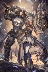  1boy armor artist_logo artist_name astrologian_(final_fantasy) au_ra bangs behind_another black_horns boots braid breastplate breasts cleavage closed_mouth commentary commission dark_skin dark_skinned_female dragon_boy dragon_girl dragon_horns dragon_tail english_commentary english_text feathers female fictional_persona final_fantasy final_fantasy_xiv fingerless_gloves full_body gloves grey_hair gunbreaker_(final_fantasy) hair_over_one_eye height_difference highres holding holding_sword holding_weapon horns jewelry knees_together_feet_apart looking_at_viewer mask one_eye_covered parted_bangs pauldrons sa-dui scales shoulder_armor smile standing sword tail thigh_boots thighhighs weapon wings yellow_eyes 