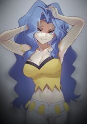  arms_up bare_arms bare_shoulders blue_eyes blue_hair blurry breasts camisole capri_pants cleavage commentary_request cowboy_shot crop_top eyelashes female grey_eyes karen_(pokemon) large_breasts light_blue_hair long_hair looking_at_viewer midriff momihige navel pants parted_bangs parted_lips pokemon pokemon_hgss shirt smile solo spaghetti_strap wavy_hair white_pants yellow_camisole yellow_shirt 