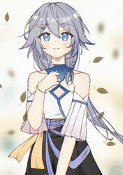  absurdres alternate_costume bare_shoulders black_skirt blue_eyes blue_hair blue_rope bracelet casual cleavage_cutout closed_mouth clothing_cutout female fu_hua grey_hair hair_between_eyes hair_ornament hairpin hand_on_own_chest highres honkai_(series) honkai_impact_3rd jewelry light_blush light_smile long_hair looking_at_viewer low-tied_long_hair low_ponytail petals ponytail qian_xii rope shirt skirt sleeves_past_elbows solo white_shirt 