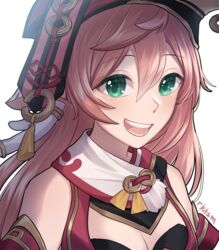  :d artist_name breasts cleavage commentary_request detached_sleeves dragon_horns female genshin_impact green_eyes hair_between_eyes hat horns long_hair looking_at_viewer open_mouth pink_hair rktsm scarf sidelocks simple_background smile solo white_background white_scarf yanfei_(genshin_impact) 