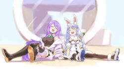  2girls animal_ear_fluff animal_ears blue_hair blush braid carrot_hair_ornament food-themed_hair_ornament gloves hair_ornament highres hololive hololive_indonesia laughing long_hair moona_hoshinova moona_hoshinova_(1st_costume) multicolored_hair multiple_girls open_mouth rabbit_ears rabbit_girl ressanpanda smile starry_hair thick_eyebrows twin_braids two-tone_hair usada_kensetsu usada_pekora usada_pekora_(1st_costume) virtual_youtuber white_hair 