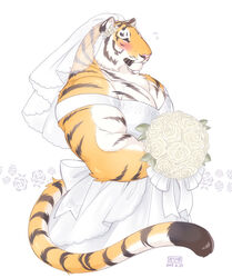  2020 anthro blush closed_(disambiguation) clothed clothing countershading crossdressing dress felid giraffe_(artist) hi_res lam-chan male mammal muscular muscular_anthro muscular_male pantherine signature solo tiger wedding_dress 