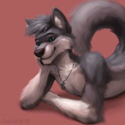  1:1 2018 anthro arm_support artist_name canid canine canis cheek_tuft chest_tuft facial_markings facial_tuft fur fur_tuft geewolf gloves_(marking) grey_body grey_ears grey_fur grey_tail head_markings inner_ear_fluff jewelry kiba_(kiba32) leaning_on_elbow lying male mammal markings mask_(marking) necklace on_front shadow simple_background smile solo tail tuft wolf 