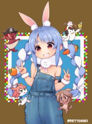  alternate_costume anchor_symbol animal animal_ear_fluff animal_ears animalization backwards_hat baseball_cap bicorne bird blue_hair blue_overalls bone_hair_ornament bow braid canine carrot carrot_hair_ornament denim deto don-chan_(usada_pekora) double_v extra_ears eyes_visible_through_hair feline female food-themed_hair_ornament grin hair_ornament hairbow hands_up hat highres hololive houshou_marine inugami_korone long_hair minato_aqua multicolored_hair naked_overalls no_nose oozora_subaru orange_eyes overalls rabbit_ears rabbit_girl sakura_miko short_eyebrows skull_and_crossbones smile solo strap_slip swept_bangs teeth triangle_mouth twin_braids twintails twitter_username two-tone_hair usada_pekora v very_long_hair virtual_youtuber white_bow white_hair wristband 