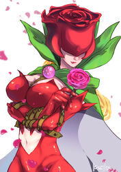  absurdres between_breasts blonde_hair bodysuit breasts brooch cape cleavage closed_mouth clothing_cutout commentary covered_eyes covered_nipples cowboy_shot crossed_arms digimon digimon_(creature) elbow_gloves female flower gloves green_cape helmet highres holding holding_flower jewelry kesica_ran large_breasts lipstick long_hair makeup navel navel_cutout petals plant red_bodysuit red_gloves red_lips rose rosemon shaded_face signature simple_background solo standing thorns vines white_background 