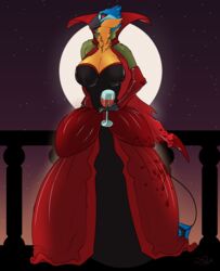  absurd_res alcohol anthro avian ball_gown beverage big_breasts bird blood bodily_fluids breasts clothing coraciiform dress female glowing glowing_eyes hi_res moon motmot non-mammal_breasts seljhet solo trinidad_motmot vampire wanderlustdragon wine 