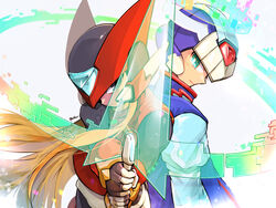  4:3 android armor black_bodysuit black_clothing black_skinsuit blonde_hair blue_clothing blue_eyes bodysuit capcom clothing duo hair halo headgear helmet hi_res humanoid machine male mega_man_(series) mega_man_x_(character) mega_man_zero melee_weapon pechka red_clothing reploid robot simple_background skinsuit sword tight_clothing weapon white_background zero_(mega_man) 