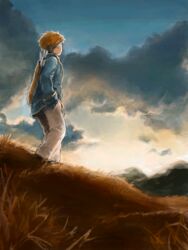  1boy arrow_(projectile) blue_shirt brown_hair cloud day field from_side gensou_suikoden gensou_suikoden_iv grass hand_in_pocket long_sleeves male_focus maru-pan mountainous_horizon nature outdoors pants quiver shirt short_hair sky solo standing ted_(suikoden) white_pants 