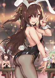  3girls ^_^ animal_ears ass blurry blurry_background breasts brown_hair closed_eyes fake_animal_ears fake_tail fingernails fishnet_pantyhose fishnets fuzi_(you_can_eat_the_girl) green_hair haoni highres long_hair looking_at_viewer multiple_girls oerba_yun_fang open_mouth pantyhose playboy_bunny rabbit_ears rabbit_tail red_eyes short_hair sitting skin_fang smile tail v xiaohong_(you_can_eat_the_girl) xiaoqing_(you_can_eat_the_girl) you_can_eat_the_girl 