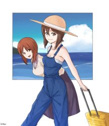  2girls blue_overalls blue_sky bluff260 briefcase brown_eyes brown_hair brown_headwear casual closed_mouth cloud cloudy_sky commentary day girls_und_panzer hat highres holding horizon leaning_forward looking_at_viewer medium_hair medium_skirt multiple_girls nishizumi_maho nishizumi_miho ocean open_mouth outdoors outside_border overalls purple_skirt shirt short_hair siblings sisters skirt sky smile strapless strapless_shirt sun_hat v-neck white_shirt 