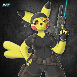  1:1 anthro backpack bandana bandanna_on_forehead belt black_clothing brown_eyes clothed clothing eyelashes female fingerless_gloves fully_clothed generation_1_pokemon gloves gun hair hand_on_hip handgun handwear head_tuft hi_res holding_gun holding_object holding_ranged_weapon holding_weapon holster kerchief laser_pointer looking_at_viewer mammal murid murine ninjatreecko nintendo pikachu pokemon pokemon_(species) pokemorph portrait pouches ranged_weapon rodent silencer smile smirk solo spark_elektra standing stealth_suit three-quarter_portrait tuft utility_belt weapon yellow_body 