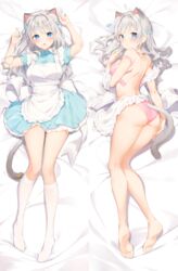  absurdres amanagi_el animal_ears apron arms_up ass bare_shoulders barefoot bed_sheet blue_dress blue_eyes blush bra breasts cat_ears cat_girl cat_tail closed_mouth commentary_request dakimakura_(medium) dress feet female fish_hair_ornament frilled_apron frills full_body grey_hair hair_ornament has_bad_revision has_downscaled_revision has_watermarked_revision highres kinako_(shiratama_mochi) kneehighs long_hair maid_apron md5_mismatch medium_breasts multiple_views no_shoes oerba_yun_fang original panties parted_lips pink_bra pink_panties pleated_dress puffy_short_sleeves puffy_sleeves resolution_mismatch short_sleeves socks soles source_smaller tail toes two_side_up underwear virtual_youtuber white_apron white_socks 