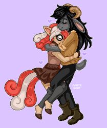  alex(btwalexhere) anthro black_hair bovid caprine closed_eyes cuddling duo equid equine female hair highlights_(coloring) leg_wrap low_res male male/female mammal monstergoat red_hair 