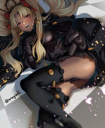  aona_(anagasaki) black_cape black_dress black_gloves black_thighhighs blonde_hair blush breasts cape dark-skinned_female dark_skin dress earrings ereshkigal_(fate) ereshkigal_alter_(fate) fate/grand_order fate_(series) female fur-trimmed_cape fur_trim gloves hair_ribbon highres hoop_earrings jewelry long_hair long_sleeves looking_at_viewer medium_breasts open_mouth parted_bangs red_eyes ribbon solo thighhighs thighs tiara two_side_up 