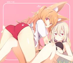  2girls :d absurdres all_fours animal_ear_fluff animal_ears ass bikini black_bikini blush colored_eyelashes commentary commission dated dungeon_and_fighter ellin_meiji expressionless fox_ears from_behind hair_between_eyes highres korean_commentary lethe_rin long_hair looking_at_viewer looking_back luke_(dydansgur) lying multiple_girls oerba_yun_fang open_mouth orange_hair original pink_background platinum_blonde_hair red_eyes simple_background skin_fang smile sweatdrop swimsuit 