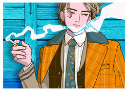  1boy brown_hair cigarette coat collared_shirt earrings half-closed_eyes jewelry kk724 long_sleeves male_focus necktie orange_coat original paisley pinstripe_pattern print_necktie shadow shirt short_hair signature smoke smoking solo striped upper_body white_shirt 