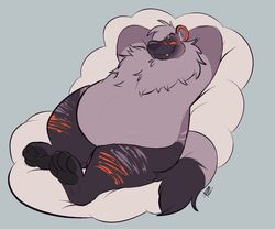  anthro arms_above_head belly big_belly chest_tuft closed_eyes cloud head_tuft highlights_(coloring) hyaenid male mammal markings orange_highlights orange_markings overweight overweight_male pastelcore pawpads resting simple_background sleeping smile solo tuft 