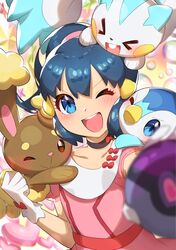  ;d absurdres blue_eyes blue_hair blurry blush buneary choker collarbone commentary_request dawn_(contest)_(pokemon) dawn_(pokemon) dress eyelashes female floating_hair gloves hand_up highres holding holding_poke_ball looking_at_viewer on_head one_eye_closed open_mouth outstretched_arm pachirisu pink_dress piplup poke_ball pokemon pokemon_(anime) pokemon_(creature) pokemon_dppt_(anime) pokemon_on_head ponytail smile taisa_(lovemokunae) teeth tied_hair tongue upper_teeth_only white_gloves 