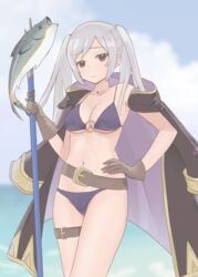  absurdres beach belt bikini black_coat breasts brown_belt brown_eyes brown_gloves cloud cloudy_sky coat collarbone commentary cowboy_shot day female fire_emblem fire_emblem_awakening fire_emblem_heroes fish gloves gold_trim hand_on_own_hip highres holding holding_weapon jewelry linea_alba looking_at_viewer me0i medium_breasts navel necklace o-ring o-ring_top ocean official_alternate_costume polearm purple_bikini robin_(female)_(fire_emblem) robin_(female)_(summer)_(fire_emblem) robin_(fire_emblem) shadow sky solo swimsuit thigh_strap trident weapon white_hair 