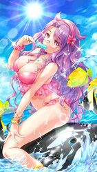  anklet bare_arms bare_legs bikini blue_sky bracelet breasts cleavage cloud cowlick curly_hair feet_out_of_frame female fish flying_fish food food_in_mouth frilled_bikini frills from_side girl_cafe_gun glasses hairband hand_on_own_thigh hand_up highres holding holding_food holding_popsicle inflatable_orca inflatable_toy jewelry large_breasts lens_flare long_hair looking_at_viewer looking_to_the_side moorish_idol necklace nola_moon_(girl_cafe_gun) ocean official_art outdoors pearl_necklace pink_bikini pink_eyes pink_hairband popsicle popsicle_in_mouth purple_hair scrunchie sitting sky solo sparkle sun surgeonfish swimsuit tropical_fish very_long_hair water_drop wrist_scrunchie yellow_tang 