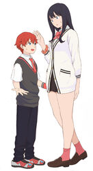  1boy alternate_height black_cardigan black_hair blue_eyes bow brown_footwear buttons cardigan denim female from_side gridman_universe height_difference hibiki_yuuta jeans long_hair looking_down looking_up miniskirt mizuno_(pixiv31352320) open_mouth orange_wristband pants pleated_skirt red_bow red_footwear red_hair red_ribbon red_socks red_wristband ribbon shirt short_hair sidelocks skirt socks ssss.gridman surprised takarada_rikka tall_female thighs white_background white_cardigan white_shirt 