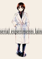  aged_up asymmetrical_hair brown_eyes brown_hair closed_mouth commentary dorothy_xi english_text female full_body hair_ornament hairclip hands_in_pockets highres iwakura_lain jacket looking_at_viewer serial_experiments_lain short_hair simple_background smile solo standing x_hair_ornament 