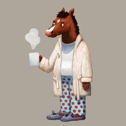  1:1 2020 anthro apple_print bathrobe beverage black_mane bojack_horseman bojack_horseman_(character) brown_body clothed clothing coffee_cup container cup diamond_(marking) equid equine facial_markings food_print footwear frown fruit_print full-length_portrait fully_clothed grey_background head_markings hi_res holding_container holding_cup holding_object horse icon male mammal mane markings netflix omochi_freedom open_clothing open_robe pajama_pants plant_print plantigrade portrait robe shirt shoes simple_background slippers solo standing steam t-shirt topwear 