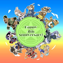  6+boys alp_(housamo) animal_ears armor ashigara_(housamo) asterius_(housamo) axe baseball_cap bead_necklace beads bear_boy black_jacket blue_sky breakdance brown_fur brown_hair camouflage camouflage_jacket chains circle cloud colored_sclera commentary_request cow_horns dog_boy dog_ears dog_tail english_text fangs fangs_out fenrir_(housamo) full_body furry furry_male gakuran ganglie_(housamo) gradient_background gradient_sky hand_fan hat high_ponytail highres holding holding_axe holding_fan holding_polearm holding_sword holding_weapon horns jacket japanese_armor japanese_clothes jewelry kinoshita_jiroh kote light_brown_hair logo long_hair low_ponytail male_focus mawashi moritaka_(housamo) multiple_boys necklace nose_piercing nose_ring open_mouth orange_sky panda_boy panda_ears pants piercing pig_boy polearm purple_fur red_footwear red_scarf red_sclera scar scar_on_face scarf school_uniform sharp_teeth shino_(housamo) short_hair shorts sky sword tadatomo_(housamo) tail tanetomo_(housamo) teeth tokyo_afterschool_summoners weapon white_pants wolf_boy wolf_tail yasuyori_(housamo) yellow_pants yellow_sclera 