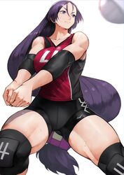  absurdres ass_visible_through_thighs ball bare_shoulders breasts bump_(volleyball) closed_mouth curvy elbow_pads fate/grand_order fate_(series) female highres knee_pads large_breasts long_hair low-tied_long_hair minamoto_no_raikou_(fate) parted_bangs purple_eyes purple_hair solo sportswear sweat thick_thighs thighs very_long_hair volleyball volleyball_(object) volleyball_uniform yoshio_(55level) 